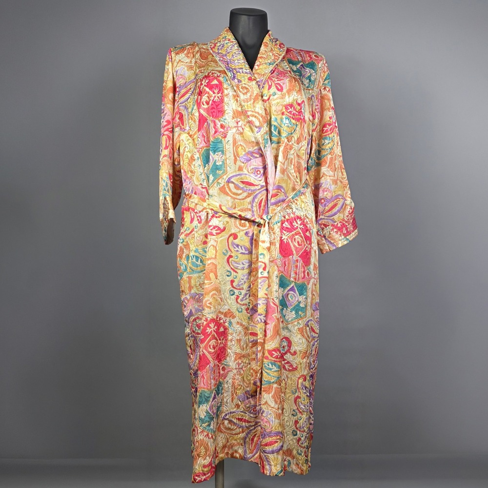 Mary McFadden Vintage Paisley Floral Quilted Collar Robe Long‎ Gold Pink Sz M